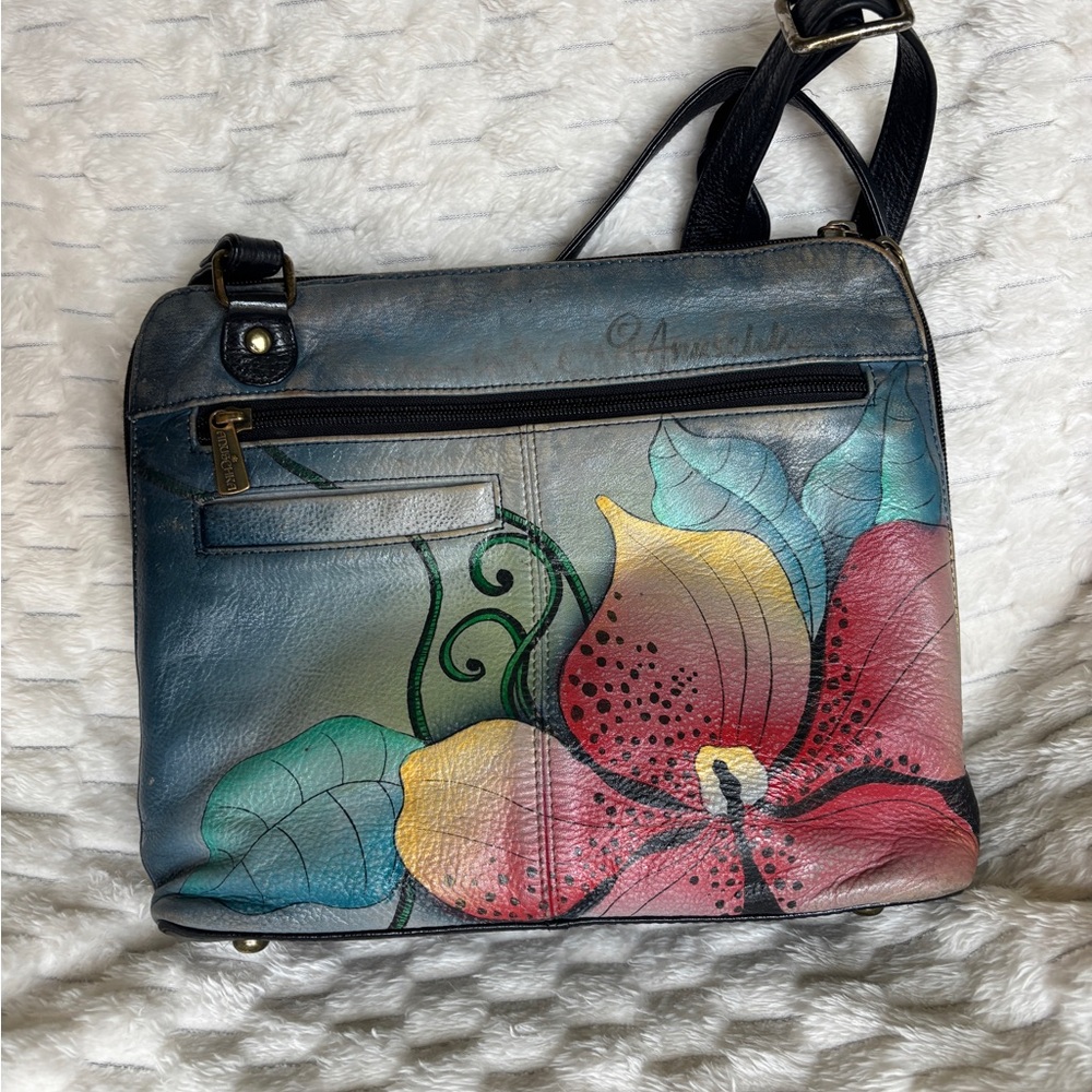 Anuschka Hand Painted Leather Floral Crossbody Organizer Antique Brass Hardware - Picture 2 of 10